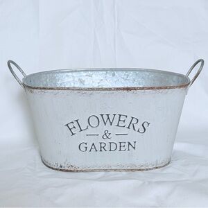 Rustic Galvanized Metal “Flowers & Garden” Oval Planter Bucket